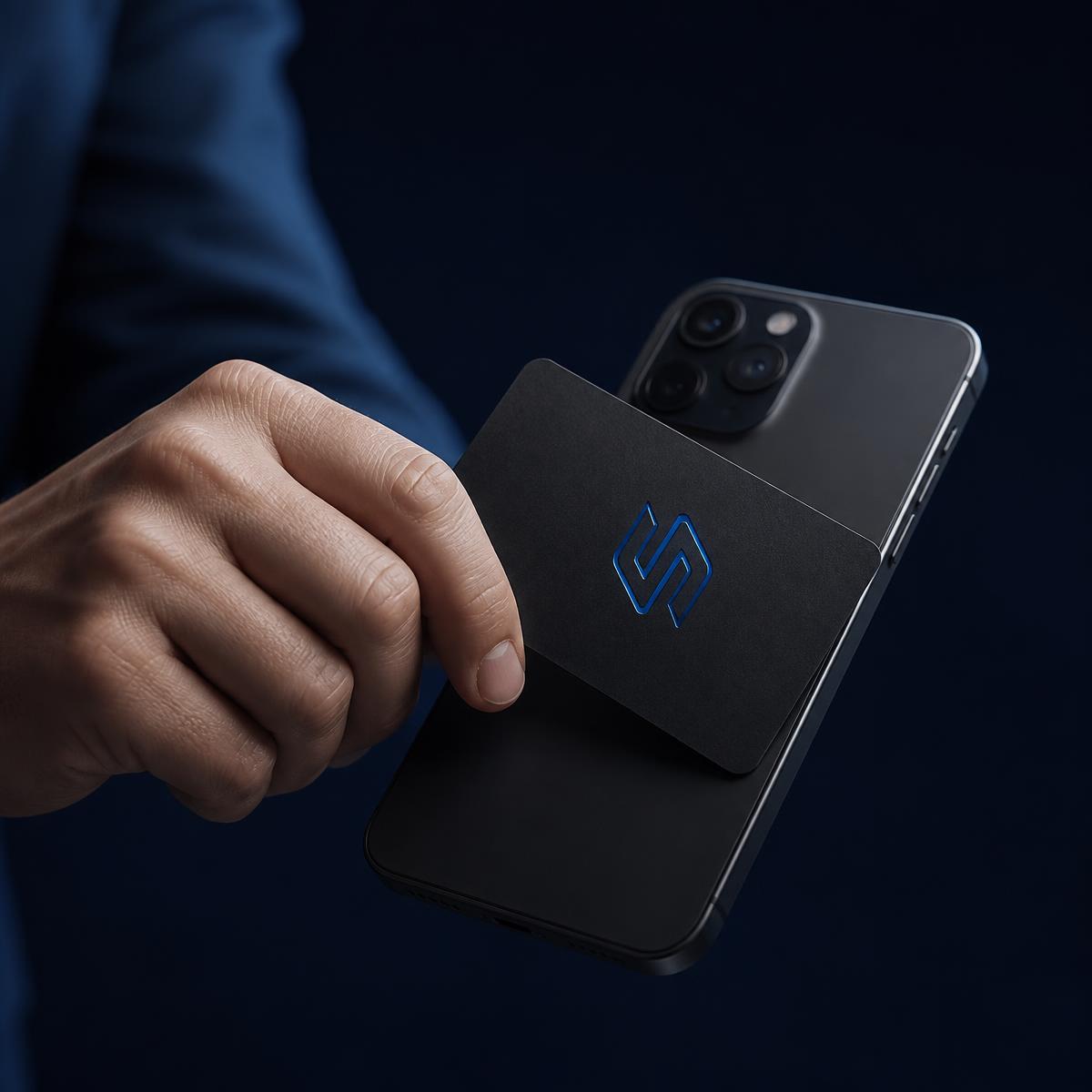 An NFC business card being tapped against a smartphone
