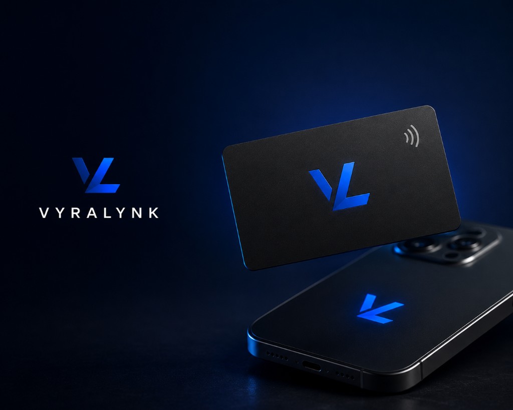 VYRALYNK matte-black NFC card and smartphone with brand mark on a dark navy background